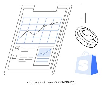 A clipboard with a rising business growth chart, data, and checkboxes, accompanied by a coin and a shopping bag. Ideal for business, finance, e-commerce, market analysis, and investment themes