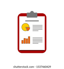 Clipboard With Round Chart And Bar Graph Business Performance Report Document Paper Isolated On White Background. Vector Illustration