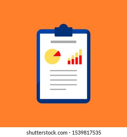 clipboard with round chart and bar graph business performance report document paper isolated on orange color background. vector illustration