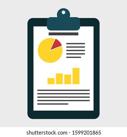 clipboard with round chart and bar graph on white paper isolated on grey background. vector illustration
