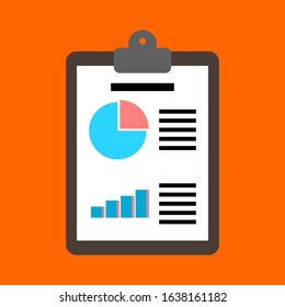 clipboard with round chart and bar graph on white paper isolated on orange color background. vector illustration