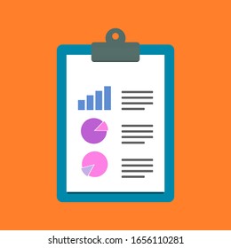 clipboard with round chart and bar graph show business performance report on white document paper isolated on orange color background. vector illustration