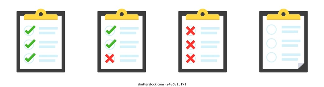 Clipboard set with checklist icon. Checklist complete tasks, to-do list, survey, exam concepts. Clipboard with checklist icon for web in flat style. 