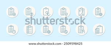 Clipboard set icon. Add, info, magnifying glass, shield, strategy, medical, clock, checklist, settings, dollar, review, document, task, report, management, organization, planning, productivity