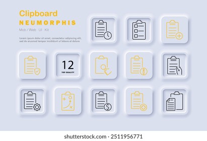 Clipboard set icon. Task list, schedule, add, magnifier, information, checklist, strategy, document, plan, report, settings, paper, financial, organization, neomorphic style, office tools