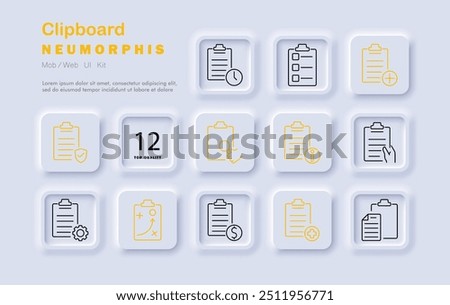 Clipboard set icon. Task list, schedule, add, magnifier, information, checklist, strategy, document, plan, report, settings, paper, financial, organization, neomorphic style, office tools