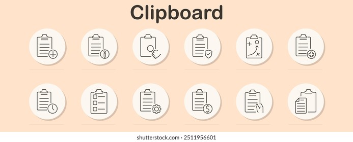 Clipboard set icon. Task management, checklist, document, schedule, strategy, medical record, information, progress tracking, financial report, planning, organization, office tools