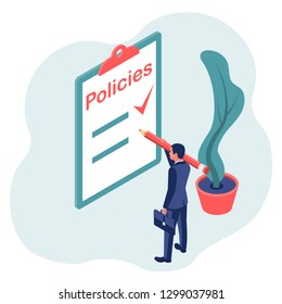 Clipboard with a sheet policies. Write a safety form. Document protection. Pencil in the hands of a businessman. Vector illustration flat design.