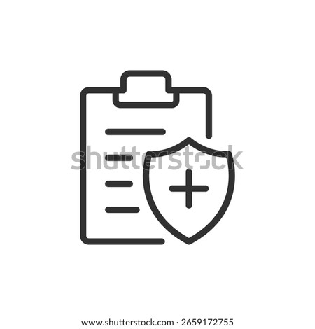 Clipboard with shield, linear icon. Travel insurance, health protection, or secure trip. Line with editable stroke.