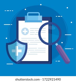 clipboard with shield and magnifying glass vector illustration design