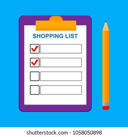 Clipboard with shopping list and pen. Template for product purchase. Blank with mark. Vector illustration. Isolated on background. Inventory check