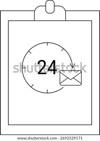 A clipboard shows 24 inside a clock design with an envelope symbol