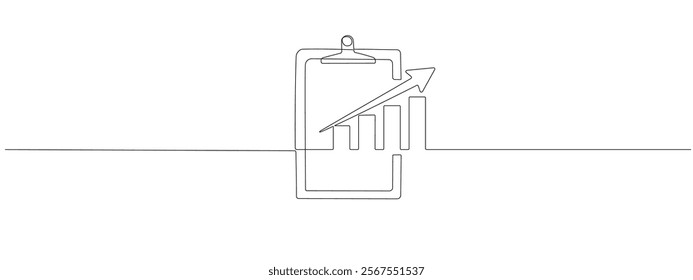 Clipboard with a single continuous line chart. . Vector illustration of business growth. Single line histogram upward arrow. Vector editable illustration.