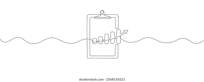 Clipboard with a single continuous line chart. . Vector illustration of business growth. Single line histogram upward arrow. Business growth. Vector editable illustration.