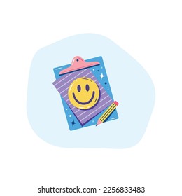Clipboard with smiley face and pen. Human filling control list on notepad. Concept of Survey, quiz, to-do list or agreement. Vector illustration in flat style