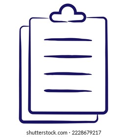 Clipboard and stapled stack of paper documents for writing. Simple outline vector blue icon drawn with brush isolated on transparent background