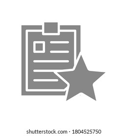 Clipboard with star gray icon. Document rating, add to favorites, folder review symbol
