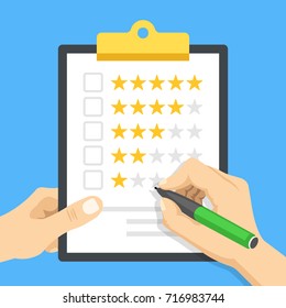 Clipboard with star rating. Hand holding clipboard and hand holding pen ready to check checkbox. Customer review, quality control, marketing, evaluation concept. Modern flat design vector illustration
