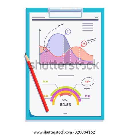 Clipboard with statistics report document paper and pencil. Flat style vector illustration isolated on white background.