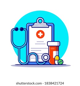 Clipboard, Stethoscope, Jar And Pills Cartoon Vector Icon Illustration. Healthcare Medicine Icon Concept Isolated Premium Vector. Flat Cartoon Style