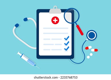 Zwischenablage mit Stethoskop, Bericht über den ärztlichen Scheck. Liste der medizinischen Formulare mit Ergebnisdaten und zugelassenem Prüfzeichen. Vektorgrafik