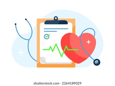 portapapeles con estetoscopio, informe de formulario de revisión médica, metáfora de la metáfora de la noción de chequeo de estado de diseño plano vector eps10. estilo sencillo y moderno