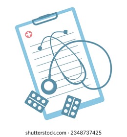Clipboard with stethoscope, medical check form report, health checkup. Vector illustration on flat stile.