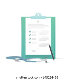 Clipboard and stethoscope and pen illustration vector on white background. Medical concept.