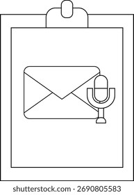 Clipboard with a stylized envelope and microphone graphic on it