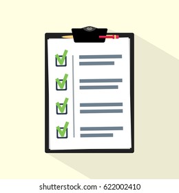 Clipboard with survey, checklist, to do list, exam or test results. Tablet with complete document and a pen on it. Flat design style.