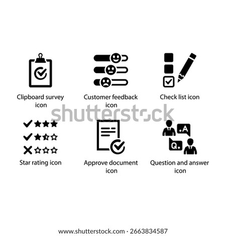 Clipboard survey, Customer feedback, Check list, Star rating, Approve document, Question and answer, icon