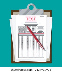 Clipboard with survey or exam forms and pen. Answered quiz papers, pile of sheets with education test. Checklist or questionnaire document. Vector illustration in flat style