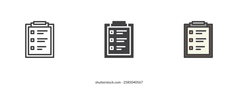 Clipboard with a survey form different style icon set. Line, glyph and filled outline colorful version, outline and filled vector sign. Symbol, logo illustration. Vector graphics