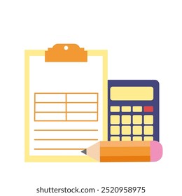 Clipboard. Table, form, document. 
Calculator, pencil. School supplies, office supplies. Simple flat vector illustration.