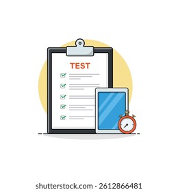 Clipboard with Tablet and Timer Vector Illustration. Online Test Concept Design