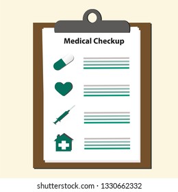 Clipboard and takes notes on it. Medical report infographics. Flat vector illustration
