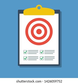 clipboard with target and checked to-do list, success strategy flat vector concept