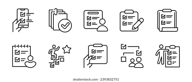 clipboard task checklist business checkmark icon set project goal progress management to-do list document outline vector illustration schedule priority design for web and app