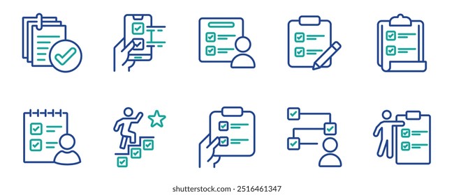 clipboard task checklist business checkmark icon set project goal progress management to-do list document outline vector illustration schedule priority design for web and app. stock vector. eps 10.