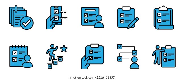 clipboard task checklist business checkmark icon set project goal progress management to-do list document outline vector illustration schedule priority design for web and app. stock vector. eps 10.
