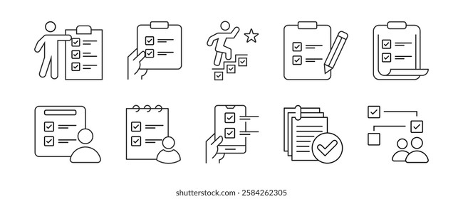 clipboard task checklist business checkmark icon set project goal progress management to-do list document outline vector illustration schedule priority design for web and app. stock vector. eps 10.