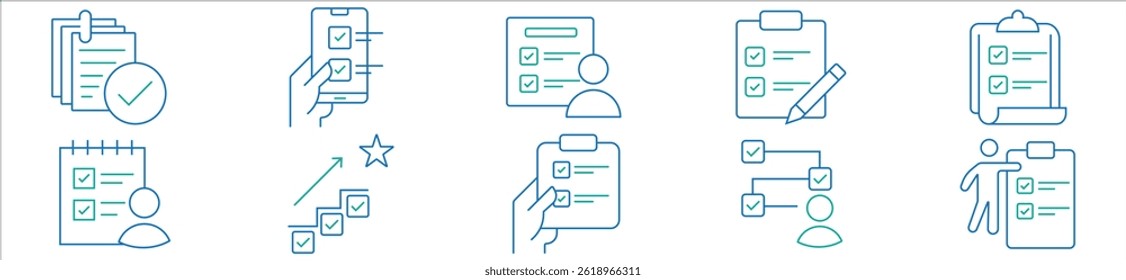 clipboard task checklist business checkmark icon set project goal progress management to-do list document outline vector illustration schedule priority design for web and app. stock vector. eps 10.