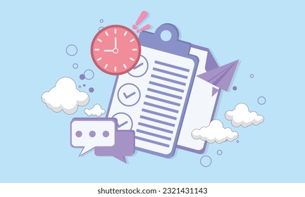 Clipboard with task list and alarm clock. Time management concept. Office paper document. Work project plan. Exam form.vector on blue background