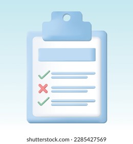 Clipboard and task management document. Checklist; do and undo, approved and unapproved. 3D vector illustration isolated on blue background.