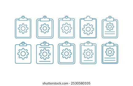 Ícones de gerenciamento de tarefas da área de transferência definidos. Conceito de negócios de gerenciamento, documento, engrenagem, lápis, ícones de contorno da área de transferência, símbolo de lista de verificação, ilustração de vetor.