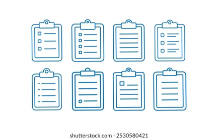 conjunto de ícones de gerenciamento de tarefas da área de transferência. Conceito de negócios de gerenciamento, documento, engrenagem, lápis, ícones de contorno da área de transferência, símbolo de lista de verificação, ilustração de vetor.