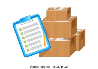 clipboard tasks and crate boxes, quality stock check, checkmark report, warehouse factory, stock quality cargo control, cardboard parcel boxes, postal parcel box, carton shipping box