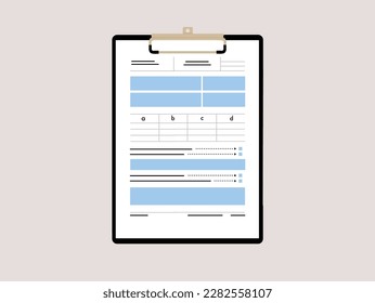 Portapapeles con un formulario de impuestos, una plantilla de documento. Portapapeles de ilustración vectorial sobre fondo marrón.
