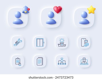 Clipboard, Telemedicine and Copy files line icons. Placeholder with 3d bell, star, heart. Pack of Escalator, Phone pay, Restructuring icon. Lift, Winner podium pictogram. For web app, printing. Vector