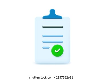 Clipboard with text and check icon. 3d vector illustration